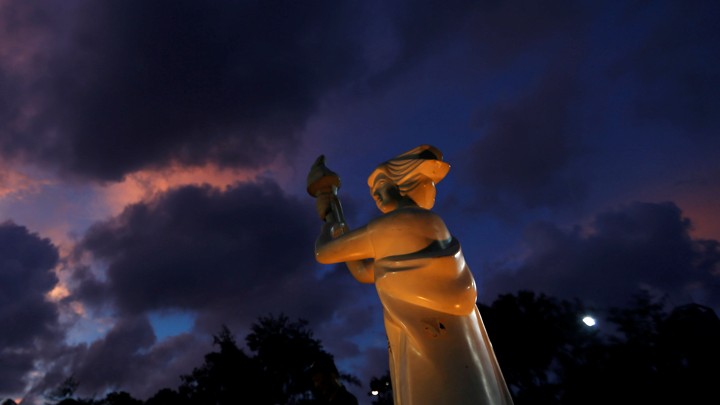 A statue of the Goddess of Democracy is seen before the start of candlelight vigil to mark the 28th anniversary of the crackdown of pro-democracy movement at Beijing's Tiananmen Square in 1989, at Victoria Park in Hong Kong